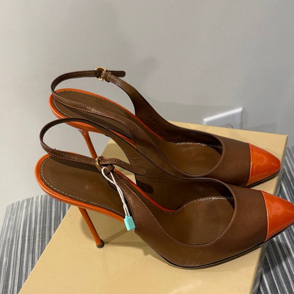 Sergio Rossi Brown and Orange Slingback Heels - Picture 4 of 5